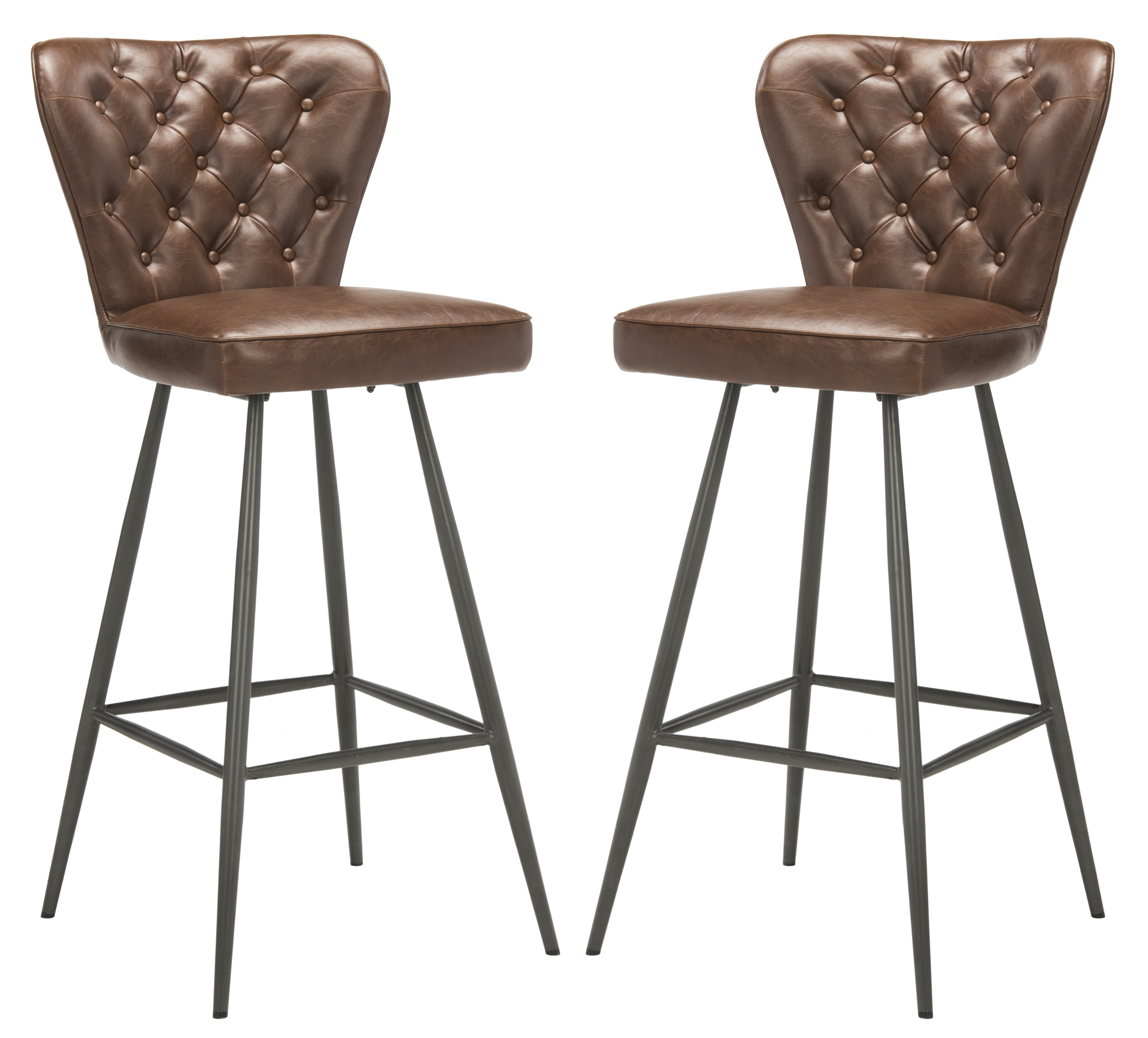 Aster 30"H Mid Century Modern Leather Tufted Bar Stool - Burgundy/Black - Safavieh - Image 0