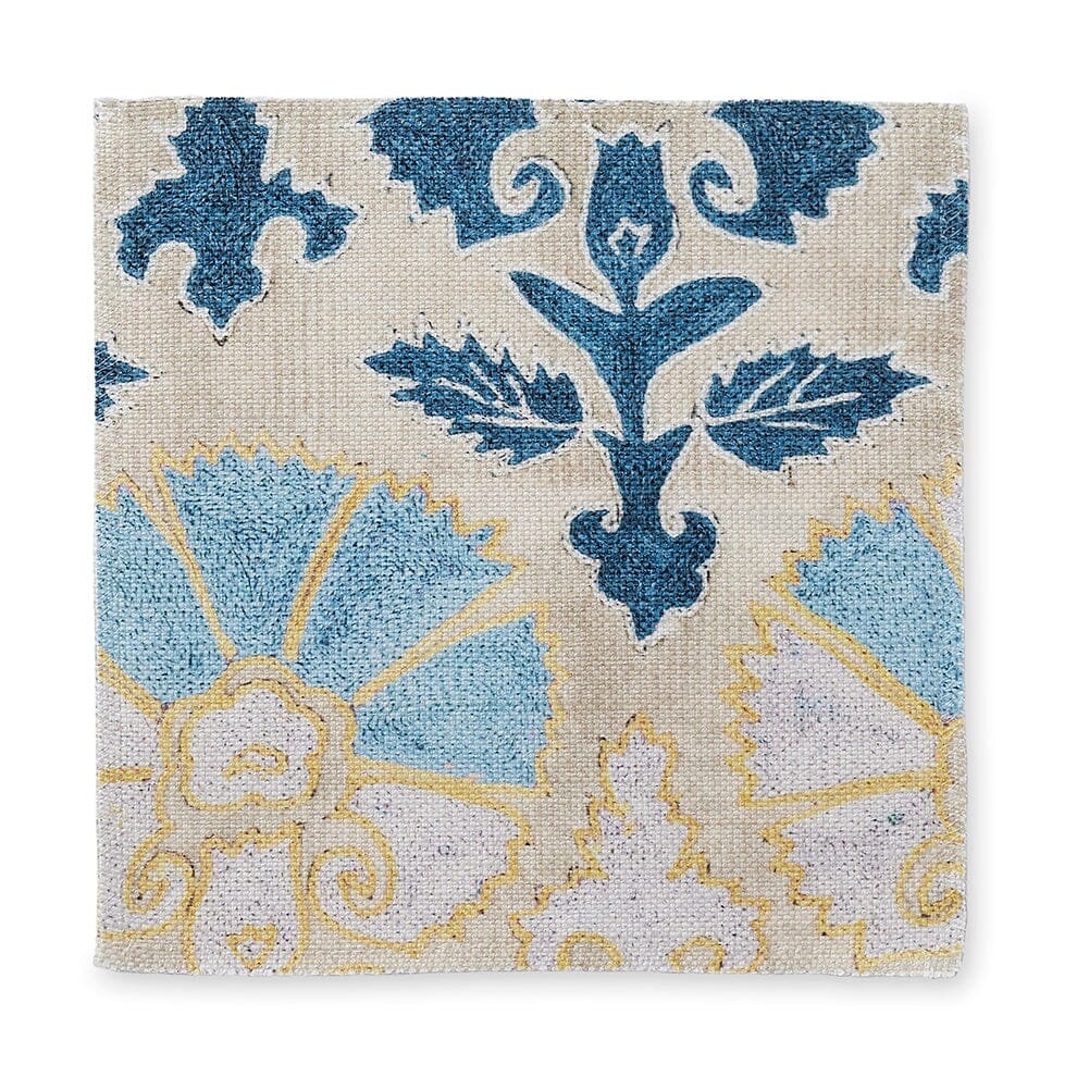 Blue Daisy Suzani Fabric by St. Frank | Printed Width: 54" WPattern Size: 27" W x 49" VFabric Direction: Up The Roll, Vertical Sold by the yard in continuous rolls Dye lots may vary. As a result, there may be slight color variations between your swatch an - Image 0