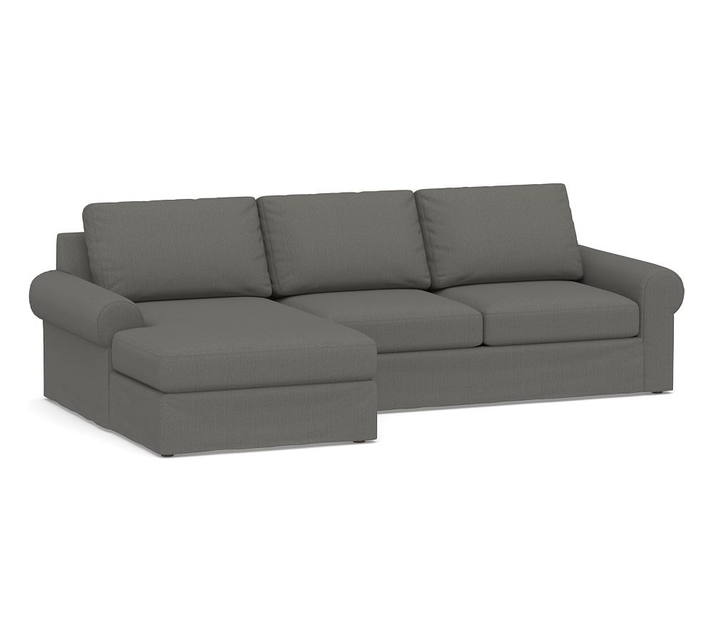 Big Sur Roll Arm Slipcovered Right Arm Loveseat with Chaise Sectional, Down Blend Wrapped Cushions, Sunbrella(R) Performance Boss Herringbone Charcoal - Image 0