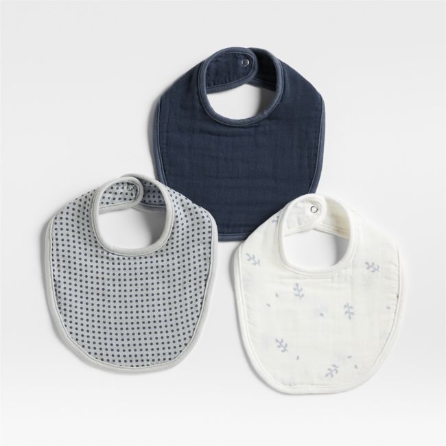Mixed Print Coy Blue Organic Cotton Gauze Baby Bib, Set of 3 - Image 0