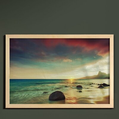 Ambesonne Beach Wall Art With Frame, Sunrise Over The Sea Tropical Water Summer Rock And Dramatic Sky Nature, Printed Fabric Poster For Bathroom Living Room Dorms, 35" X 23", Blue Cream - Image 0