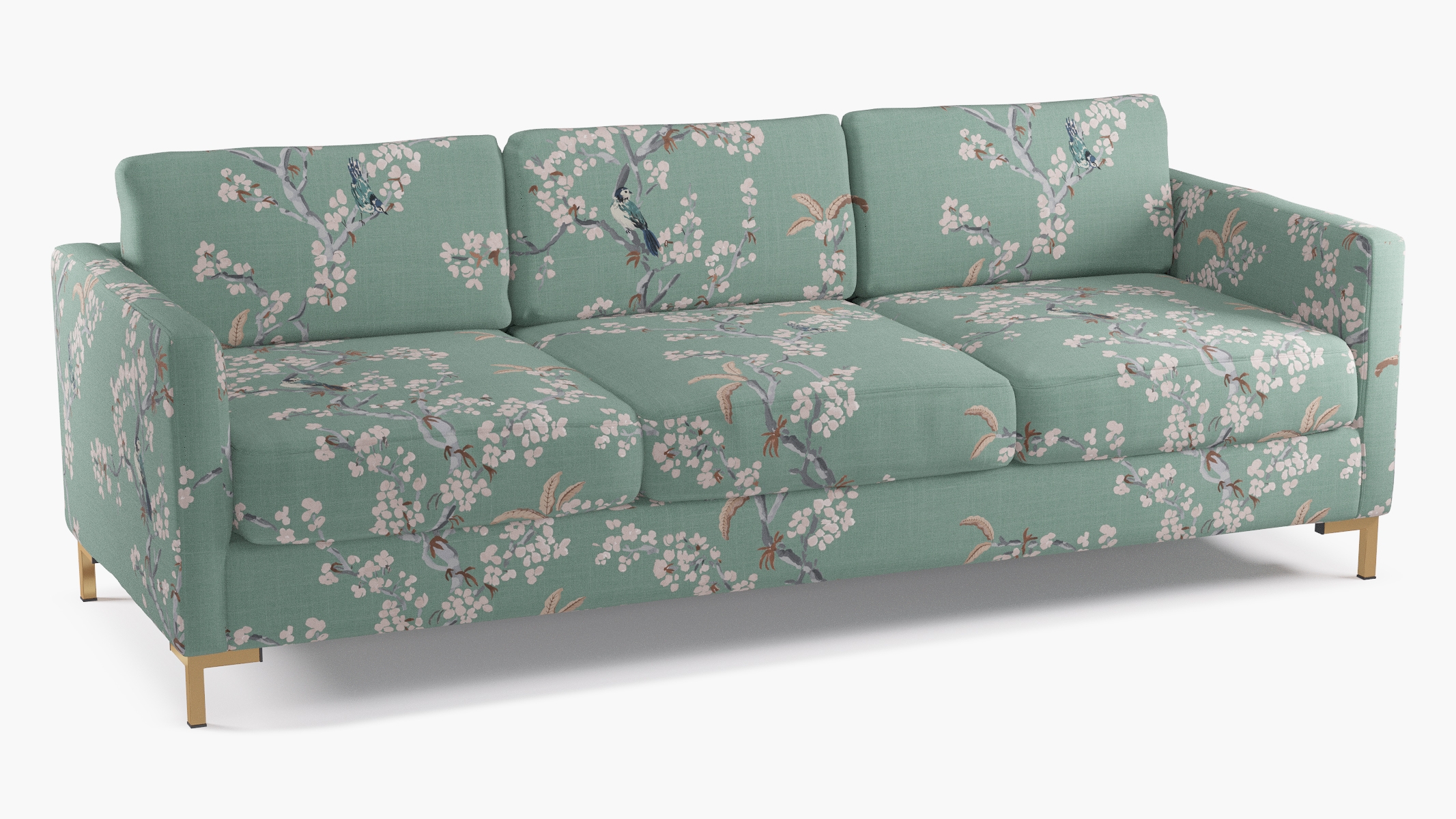 Modern Sofa, Mint Cherry Blossom, Brass - Image 1