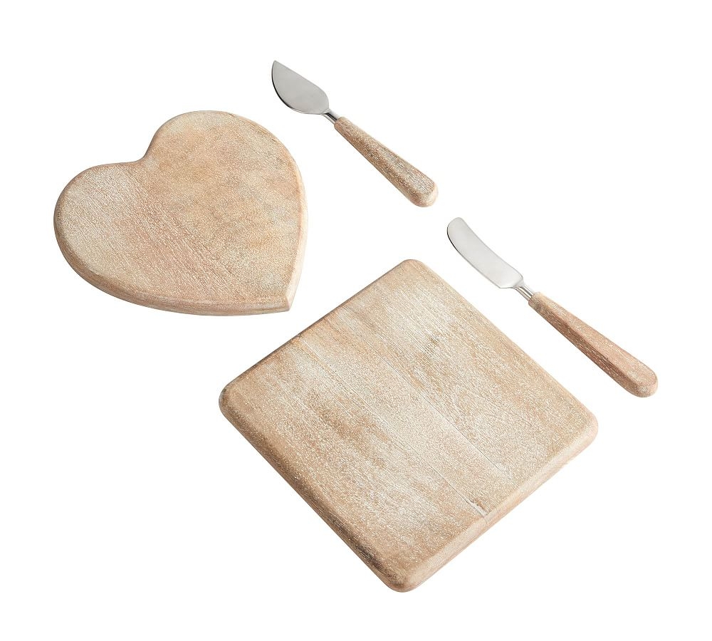 Duo Mango Wood Cheese Boards &amp; Knives 4-Piece Gift Set - White - Image 0