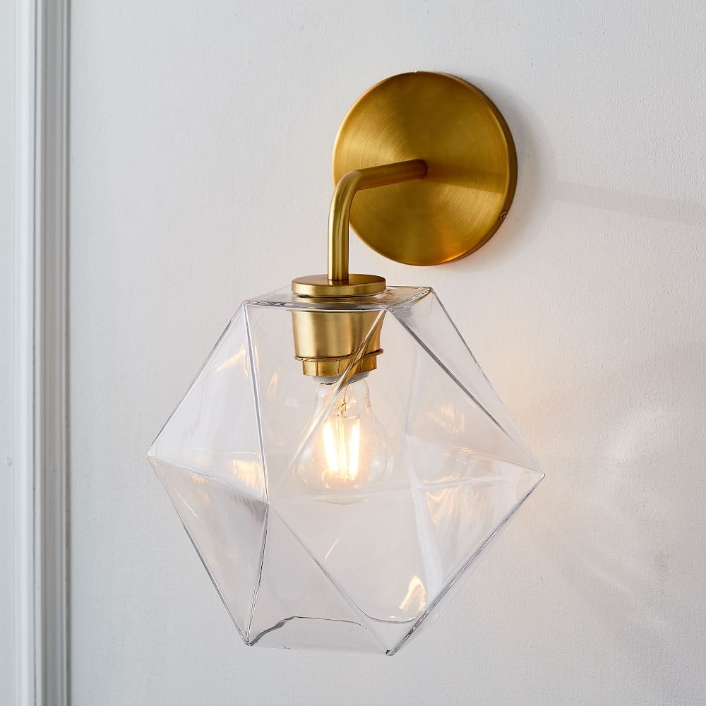 Sculptural Sconce, Faceted Small, Clear, Brass, 8.5" 7" - Image 0