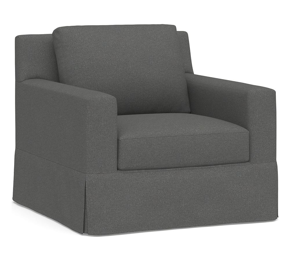 York Square Arm Slipcovered Swivel Armchair, Down Blend Wrapped Cushions, Park Weave Charcoal - Image 0