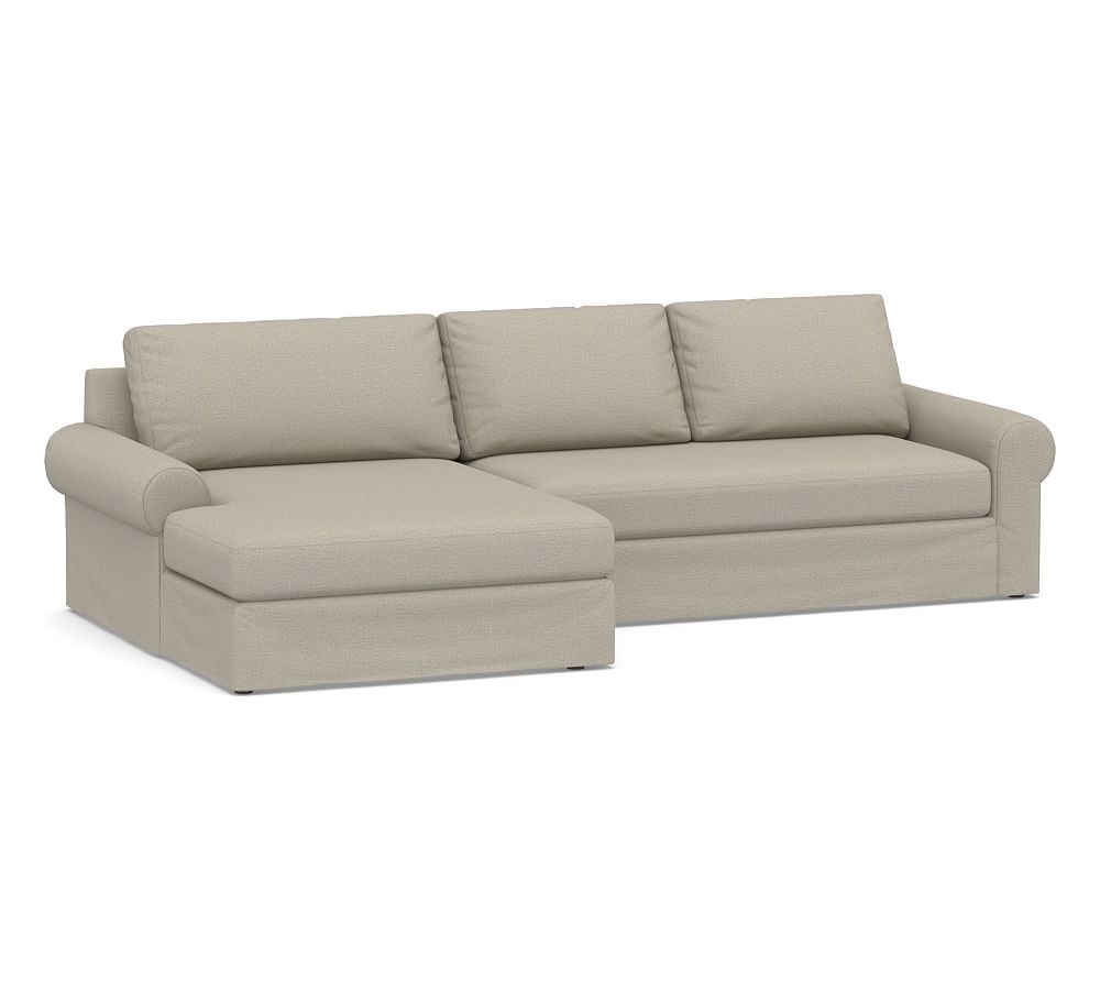 Big Sur Roll Arm Slipcovered Right Arm Loveseat with Double Chaise Sectional and Bench Cushion, Down Blend Wrapped Cushions, Performance Boucle Fog - Image 0