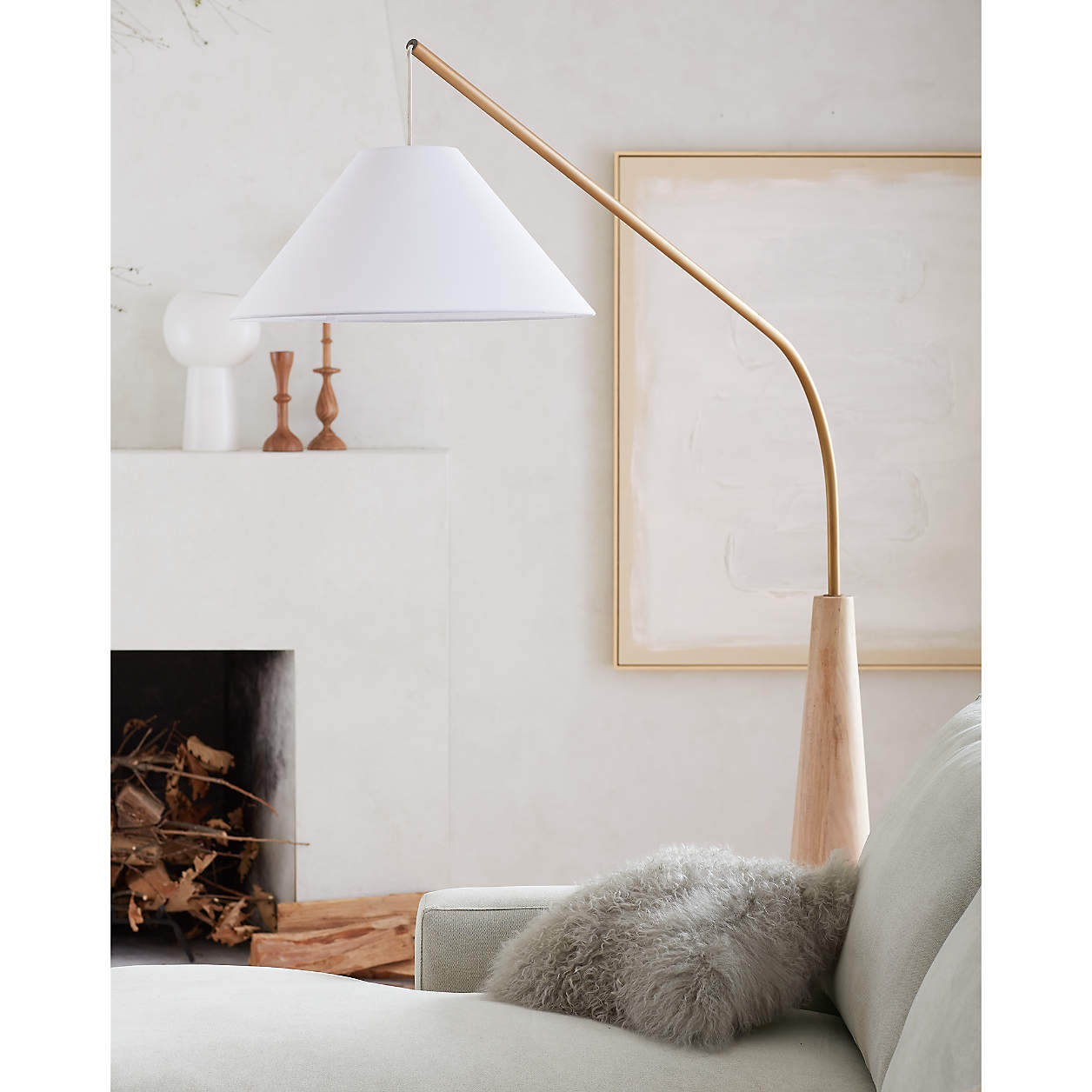 Gibson Wood Hanging Arc Floor Lamp with White Shade - Image 1