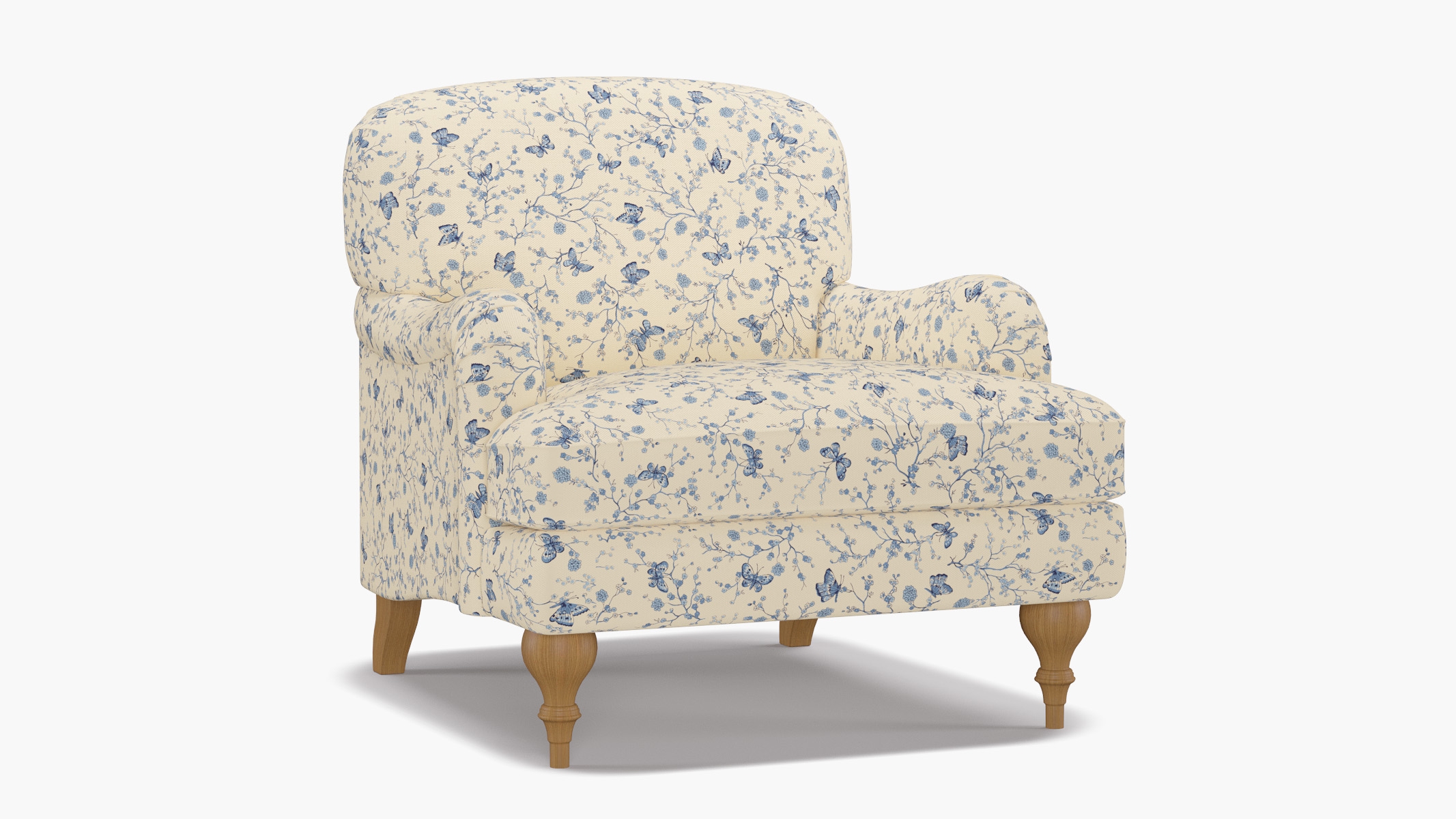 English Roll Arm Chair, Delft Mariposa, Natural Turned Wood Leg - Image 1