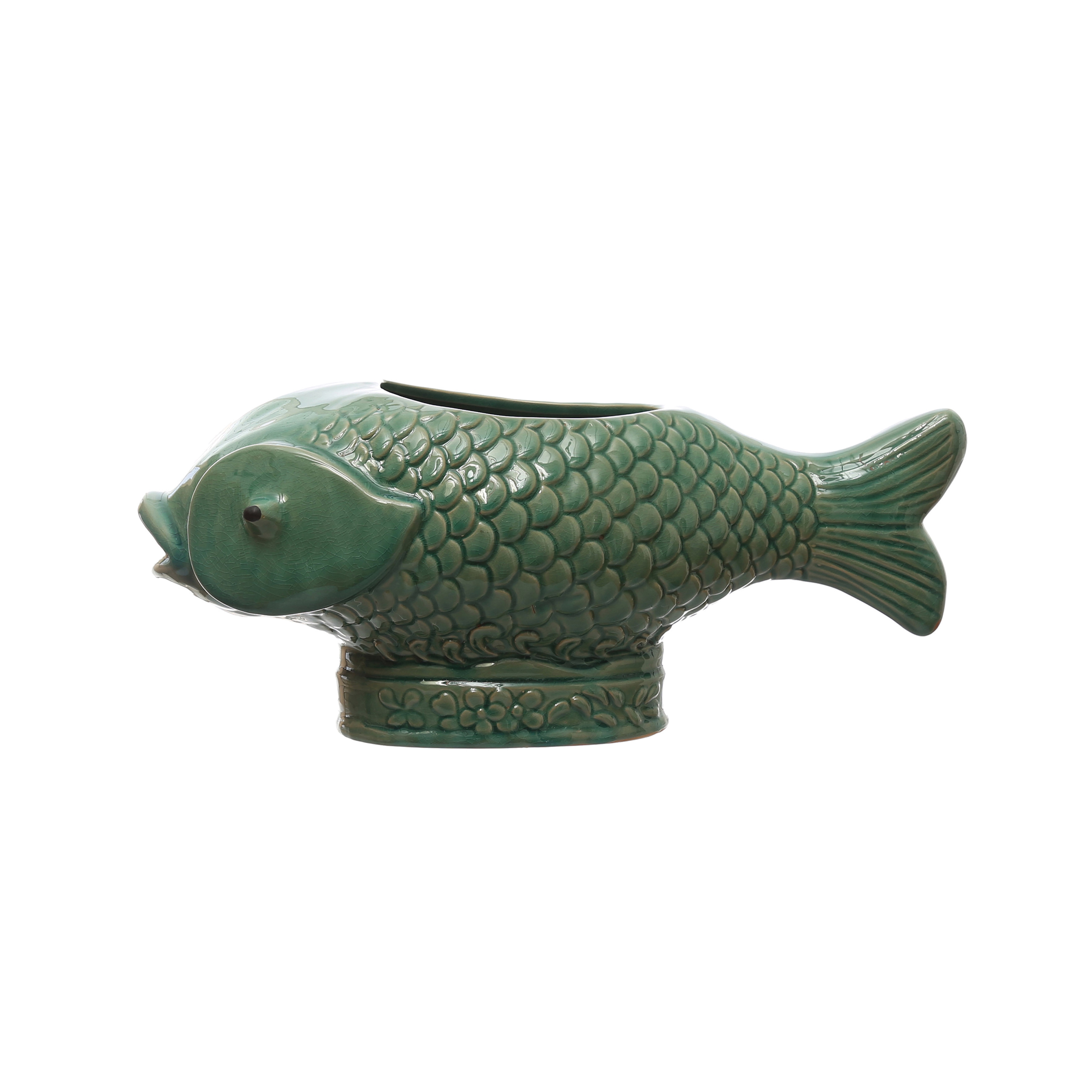 17 Inches Debossed Stoneware Fish Planter, Reactive Glaze, Holds 7 Inches Pot, Turquoise - Image 0