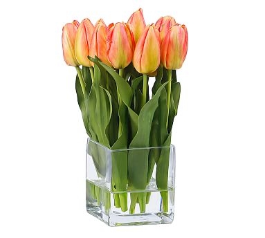 Faux Yellow &amp; Orange Tulip Composed Arrangement, Square Glass Vase - 13" - Image 0