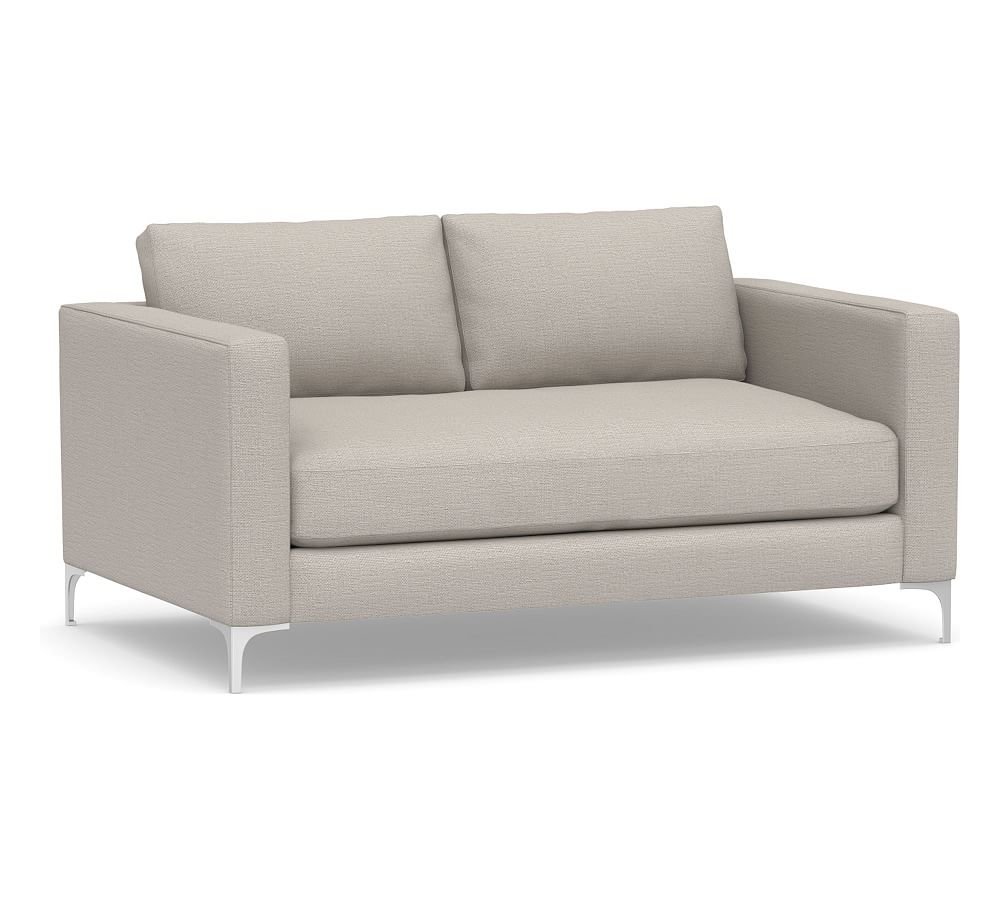 Jake Upholstered Apartment Sofa 2x1 63.5" with Brushed Nickel Legs, Standard Cushions, Chunky Basketweave Stone - Image 0