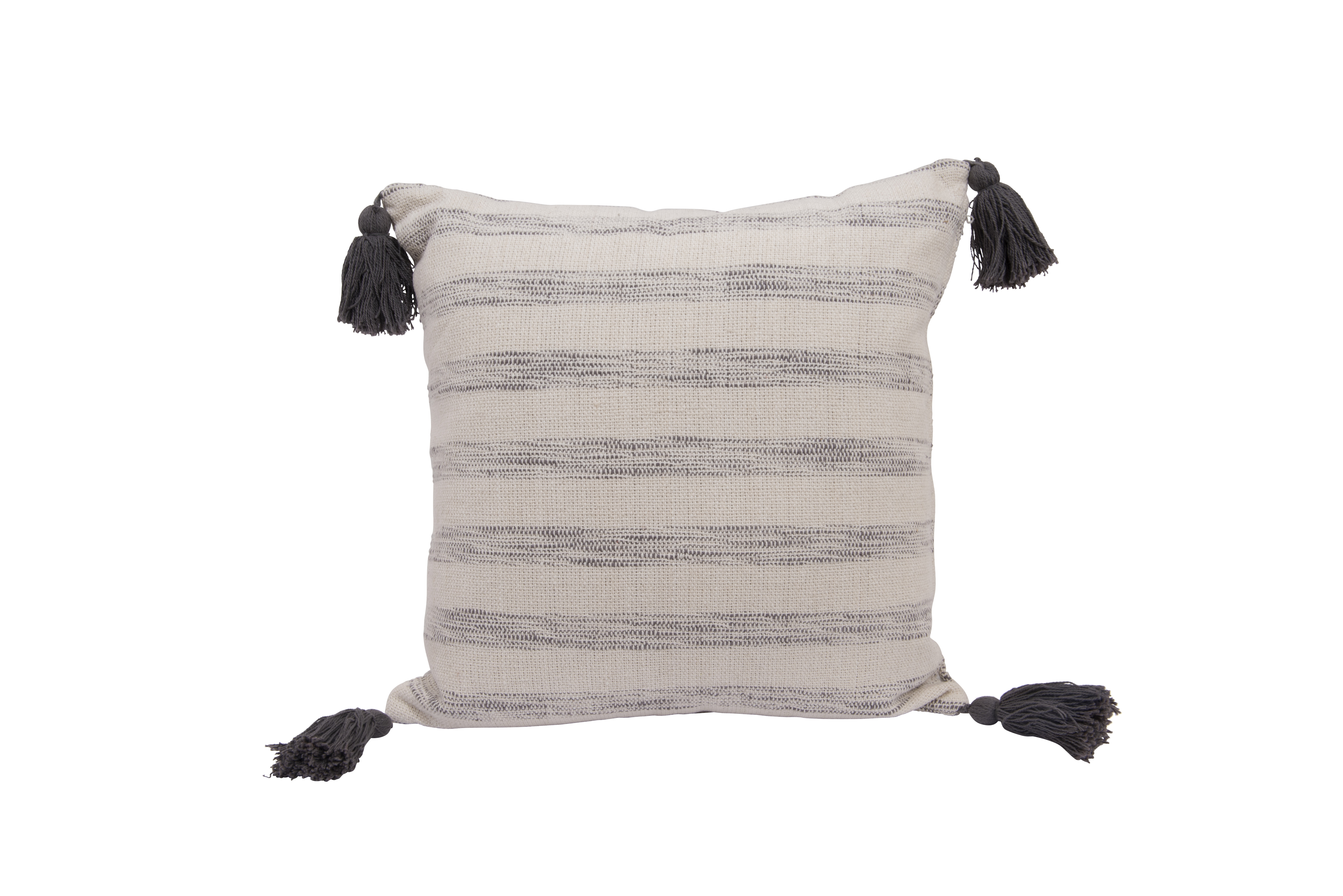 White & Grey Striped Cotton Woven Pillow with Tassels - Image 0