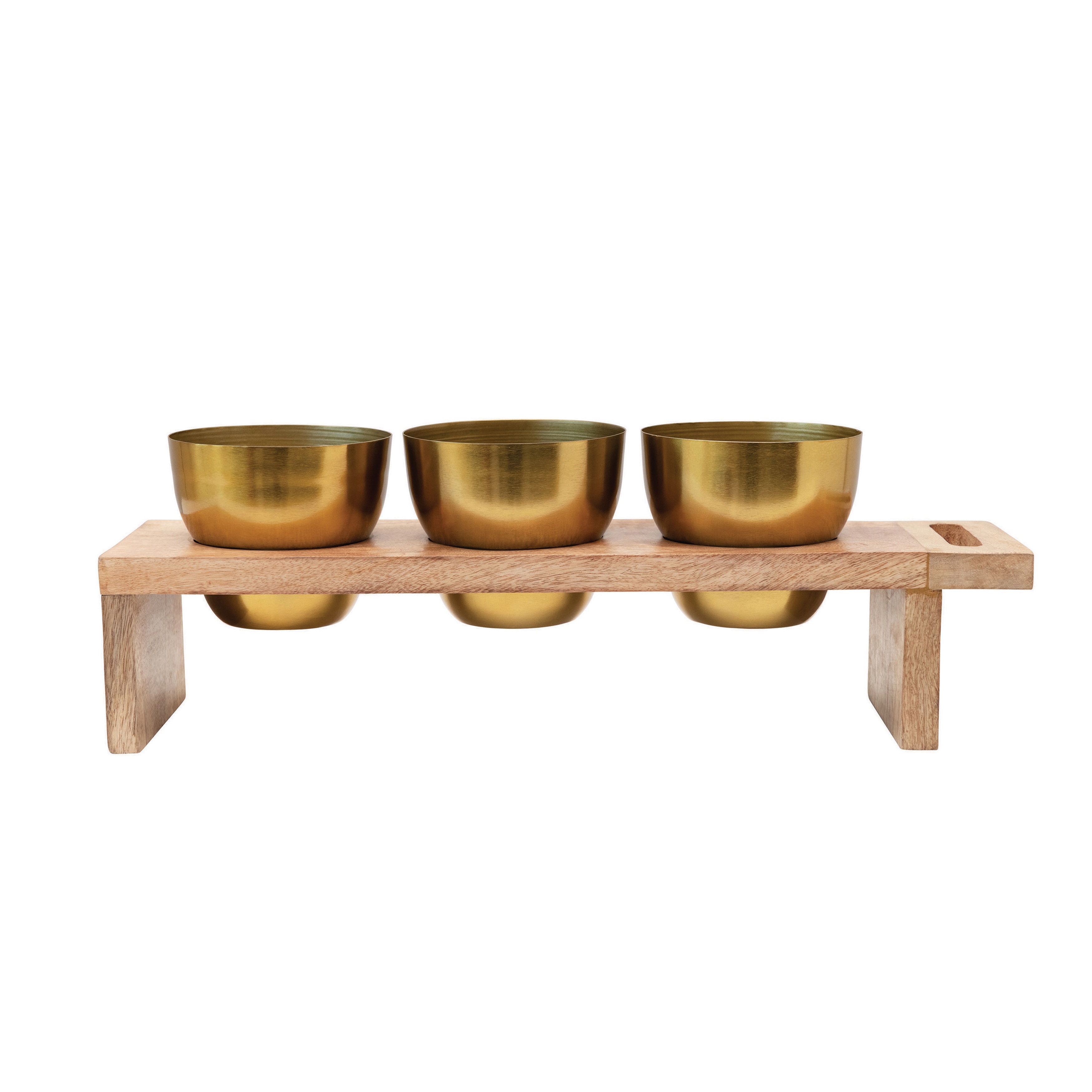 Metal Planters with Wood Stand, Natural & Gold Finish, Set of 4 - Image 0