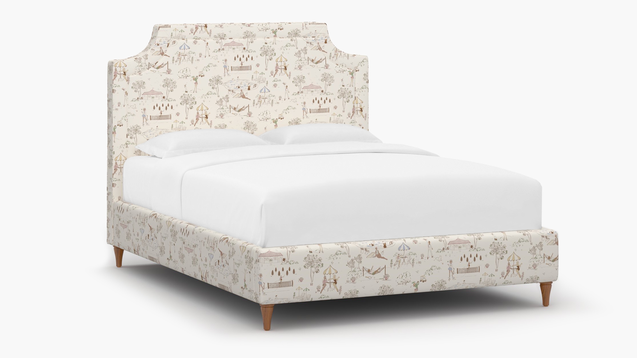 Deco Bed, Multi Country Club Toile, Walnut Decorative Tapered Leg, Full - Image 1