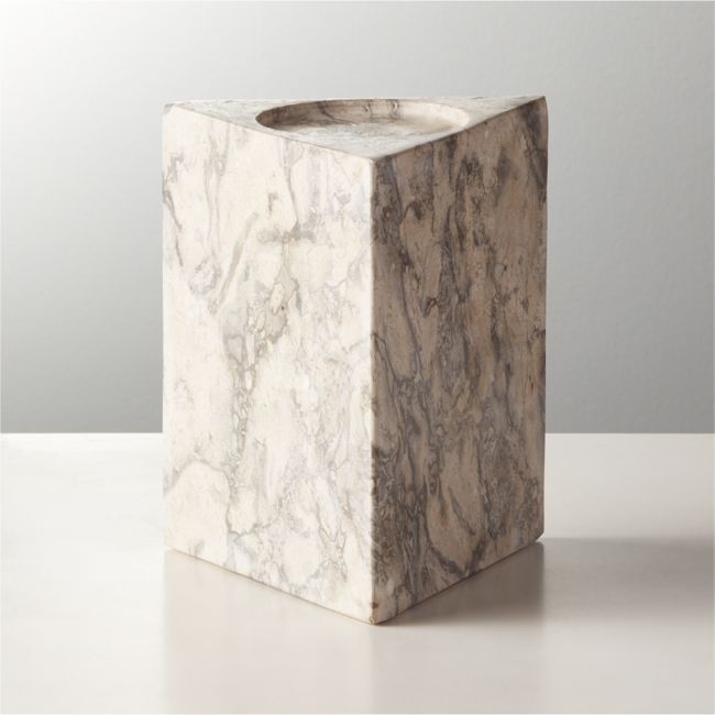 Trig Grey Marble Pillar Triangle Candle Holder Small - Image 0