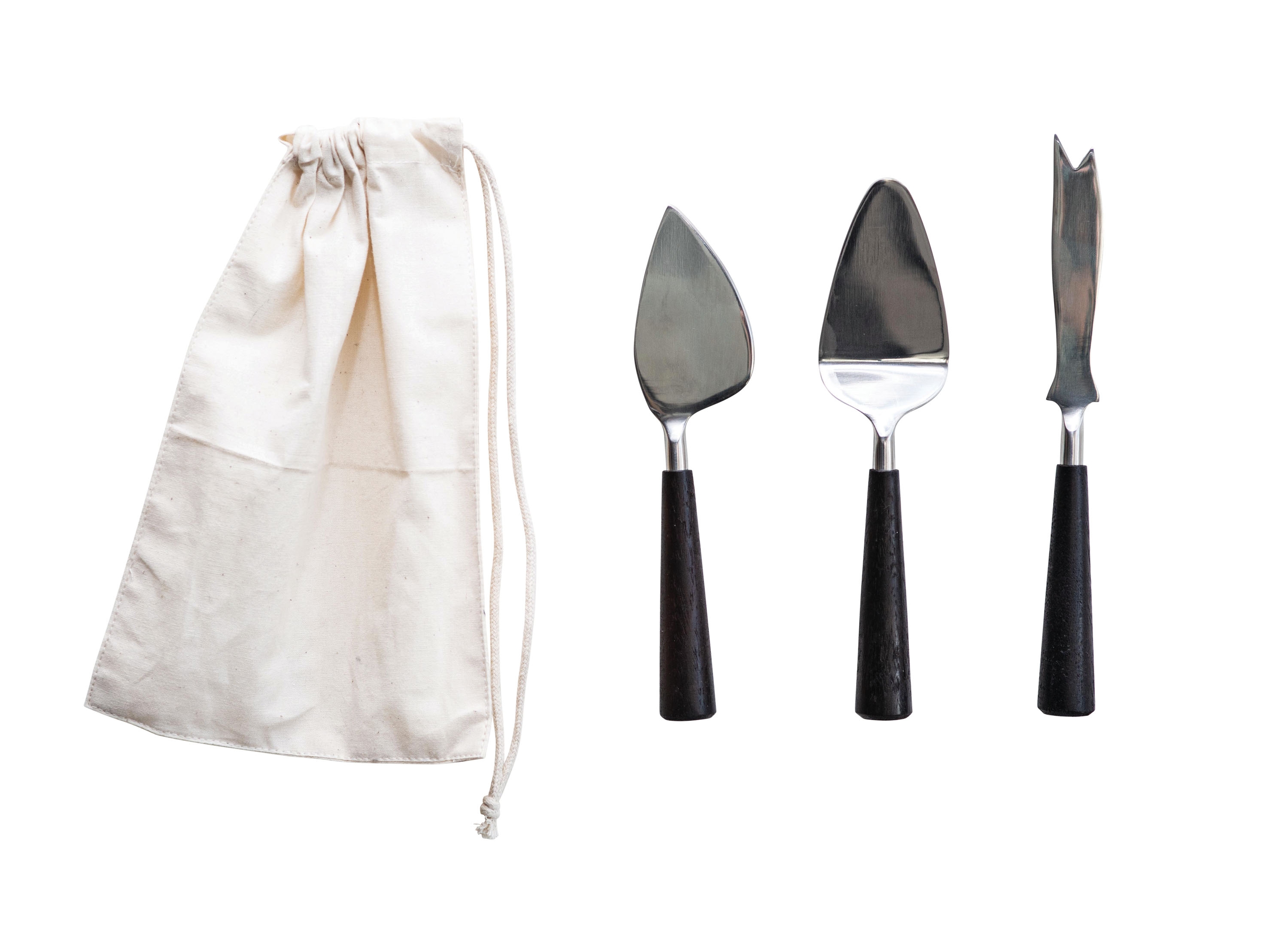 Silver Stainless Steel Cheese Utensils with Black Wood Handles (Set of 3 in Drawstring Bag) - Image 0