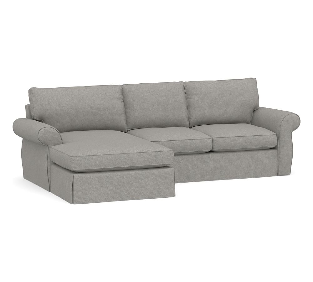 Pearce Roll Arm Slipcovered Right Arm Loveseat with Double Chaise Sectional, Down Blend Wrapped Cushions, Performance Heathered Basketweave Platinum - Image 0
