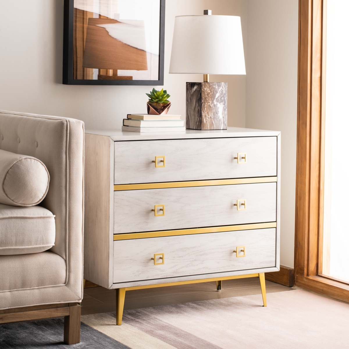 Katia 3 Drawer Chest - White Washed / Gold - Safavieh - Image 1