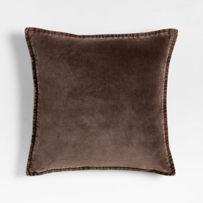 Relaxed Washed Organic Cotton Velvet 20x20 Deep Brown Throw Pillow with Feather Insert - Image 0