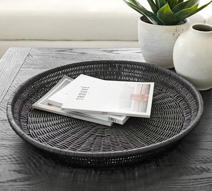 Handwoven Rattan Round Tray, Black - Image 1