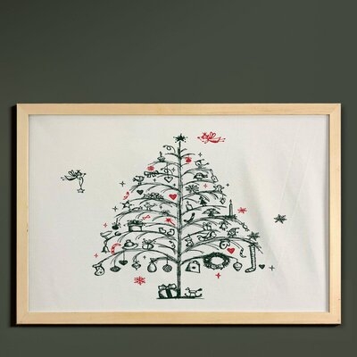 Ambesonne Christmas Wall Art With Frame, Fairies With Wands And Tree Hand Drawn Style With Wreath And Stockings Image, Printed Fabric Poster For Bathroom Living Room Dorms, 35" X 23", Red And Green - Image 0