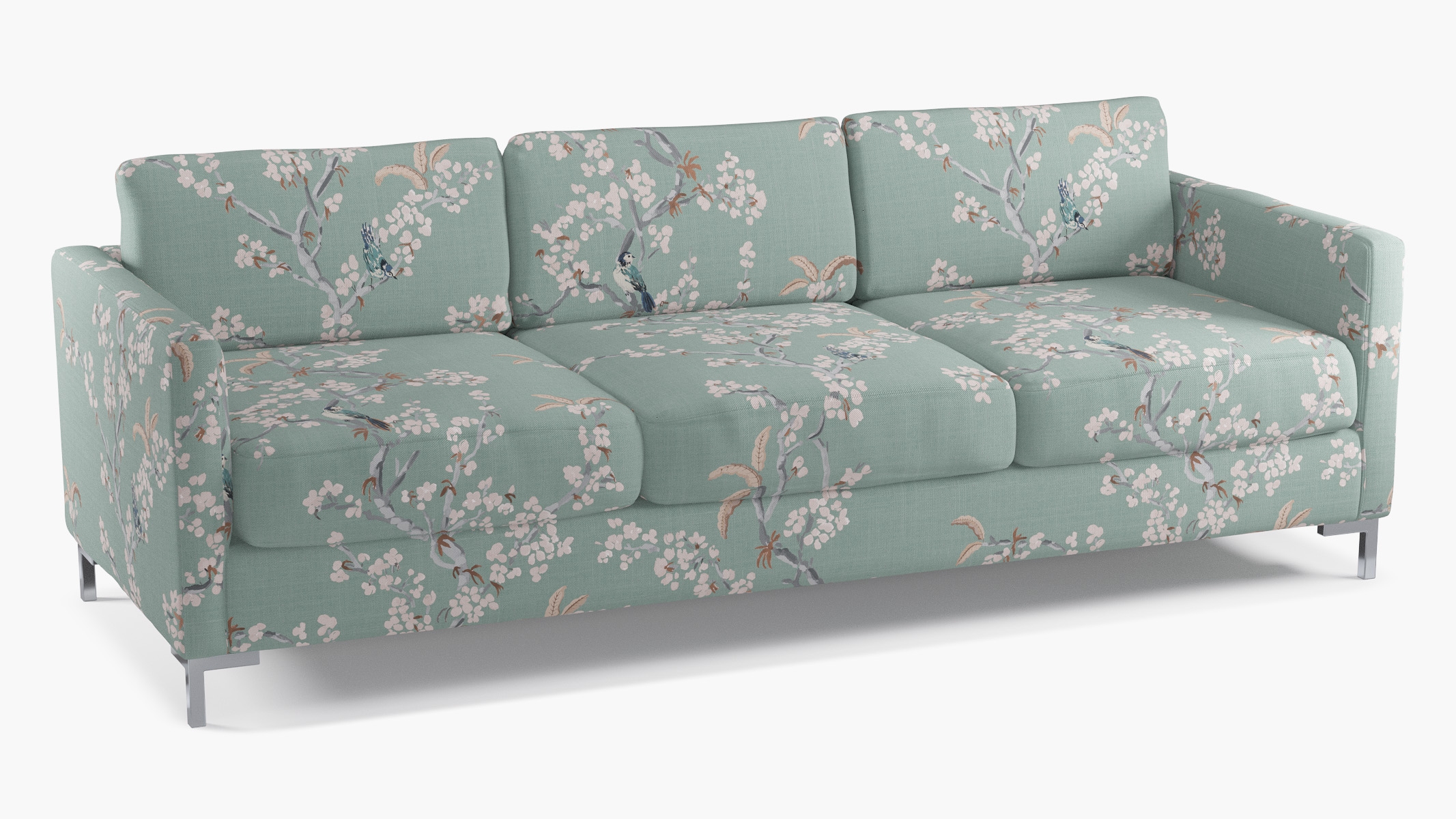 Modern Sofa, Mint Cherry Blossom, Chrome L Leg - Image 1