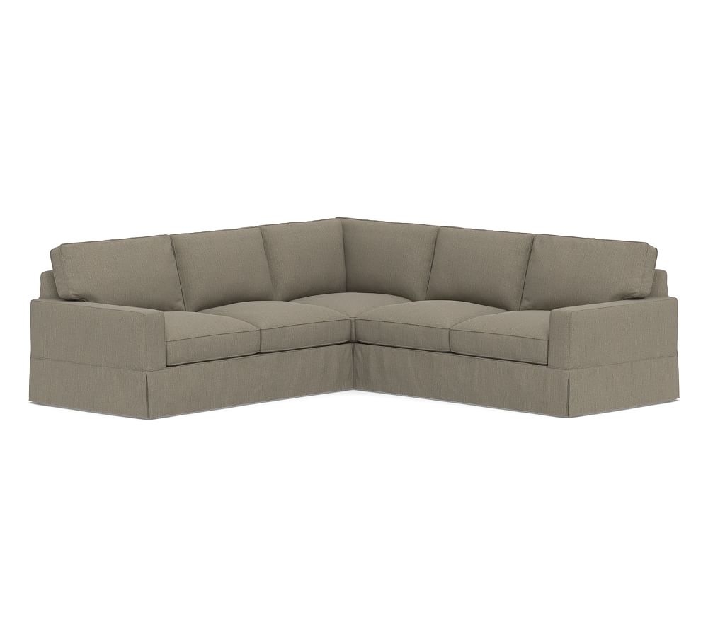 PB Comfort Square Arm Slipcovered 3-Piece L-Shaped Corner Sectional, Box Edge, Down Blend Wrapped Cushions, Chenille Basketweave Taupe - Image 0