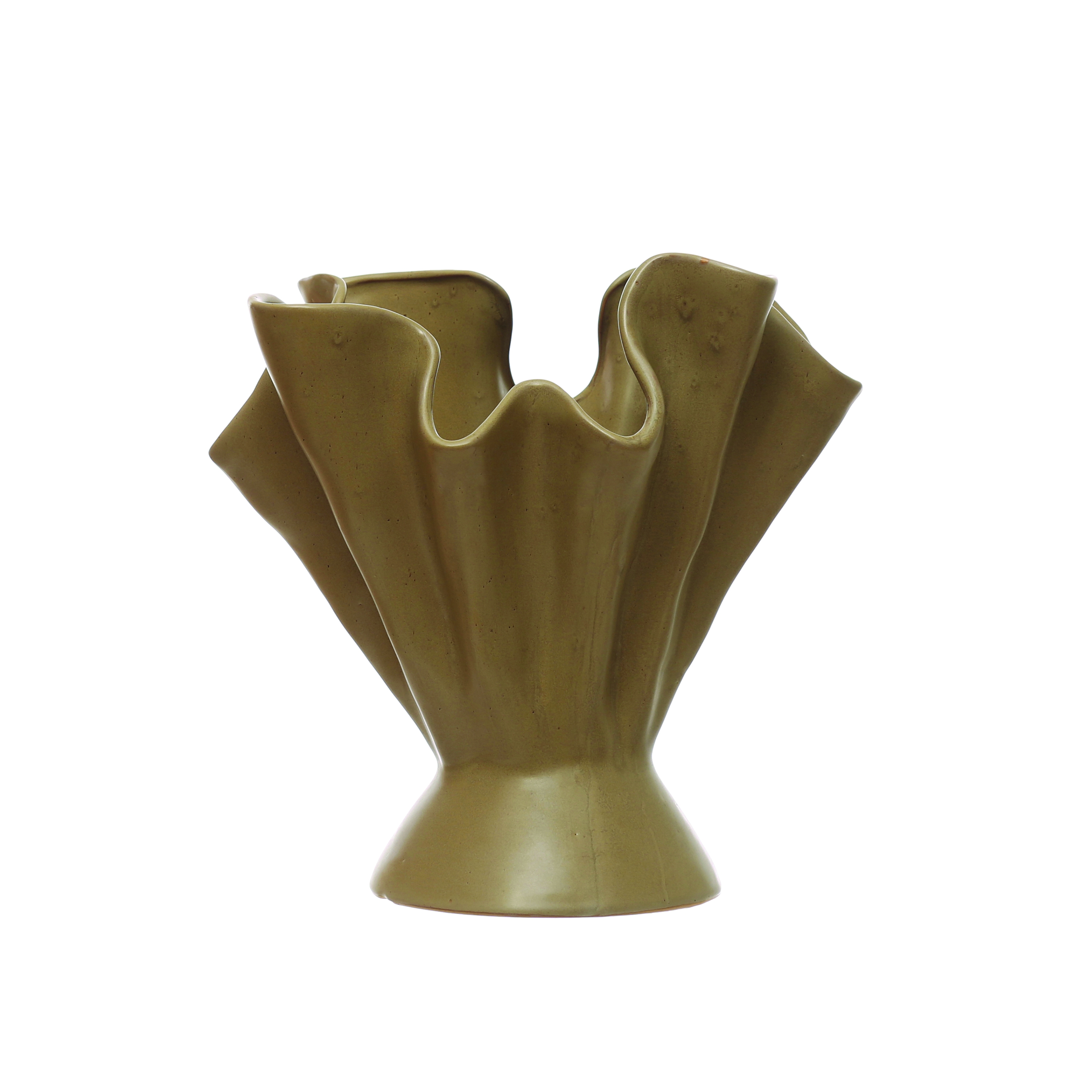 11.25 Inches Stoneware Ruffled Vase with Reactive Glaze, Sage - Image 0