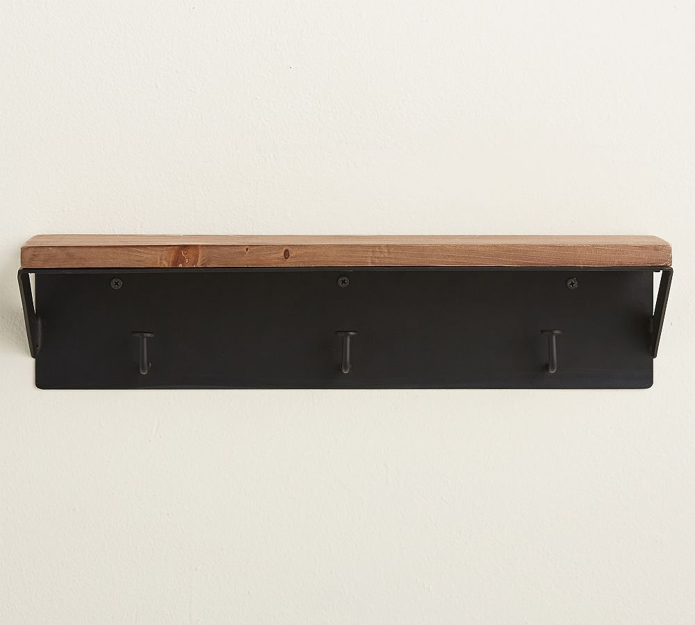 Trenton Shelf with Hooks, Bronze Metal/Rustic Wood, 18" - Image 0