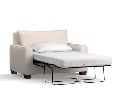 PB Comfort Square Arm Upholstered Twin Sleeper Sofa, Box Edge, Memory Foam Cushions, Performance Heathered Basketweave Navy - Image 1