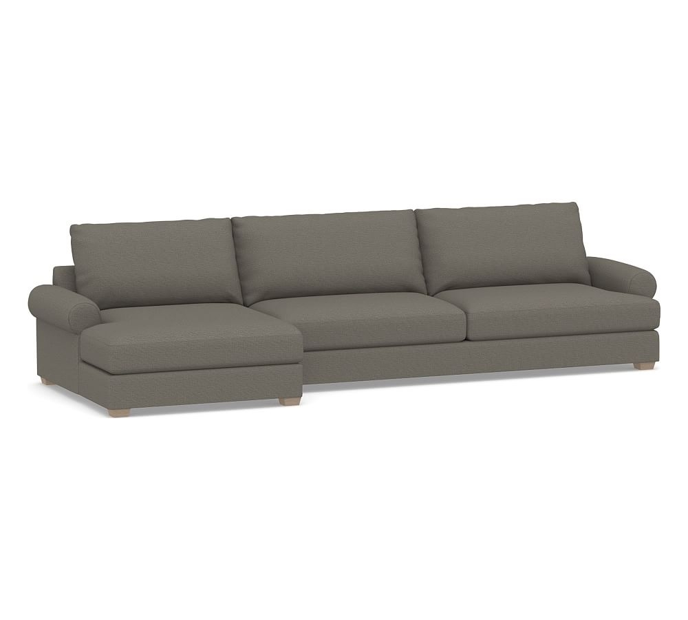 Canyon Roll Arm Upholstered Right Arm Sofa with Double Chaise Sectional, Down Blend Wrapped Cushions, Chunky Basketweave Metal - Image 0