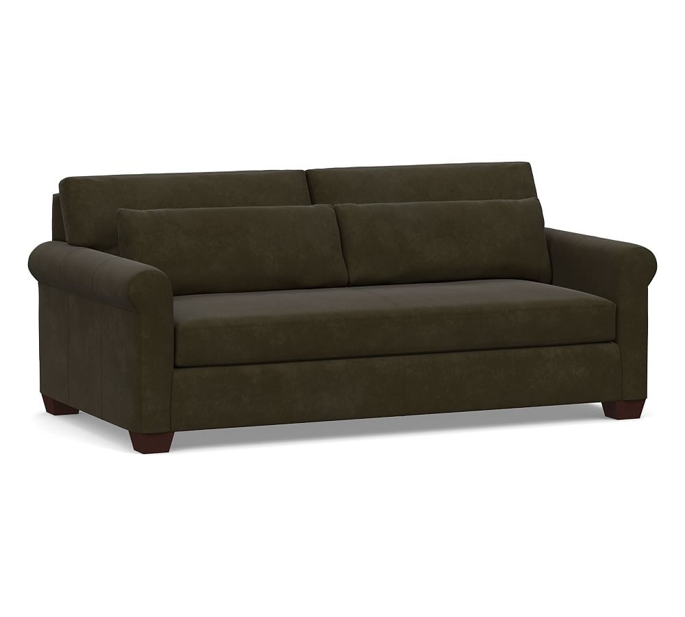 York Deep Seat Roll Arm Leather Sofa 83" with Bench Cushion, Polyester Wrapped Cushions, Aviator Blackwood - Image 0