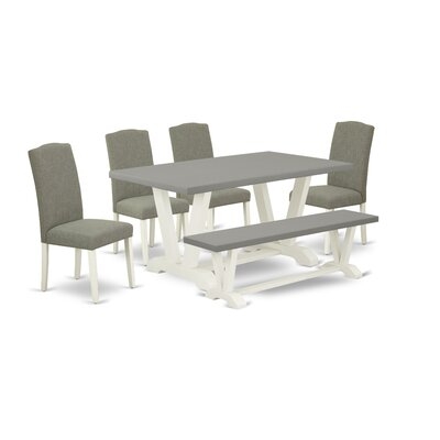 36154AC3249848089375C4D2F4C87454 6Pc Dining Set - A Dining Table, Bench And 4 Linen Fabric Parson Chairs With Nail Heads, Cement & Linen White Finish - Image 0