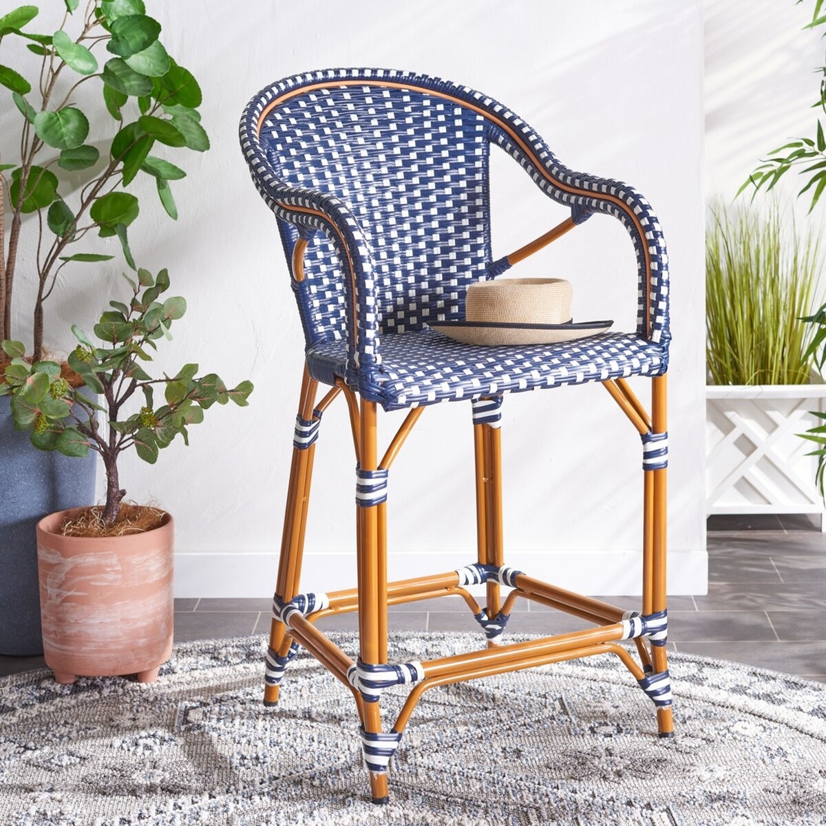 California Counter Stool W Arm - Navy/White - Safavieh - Image 1