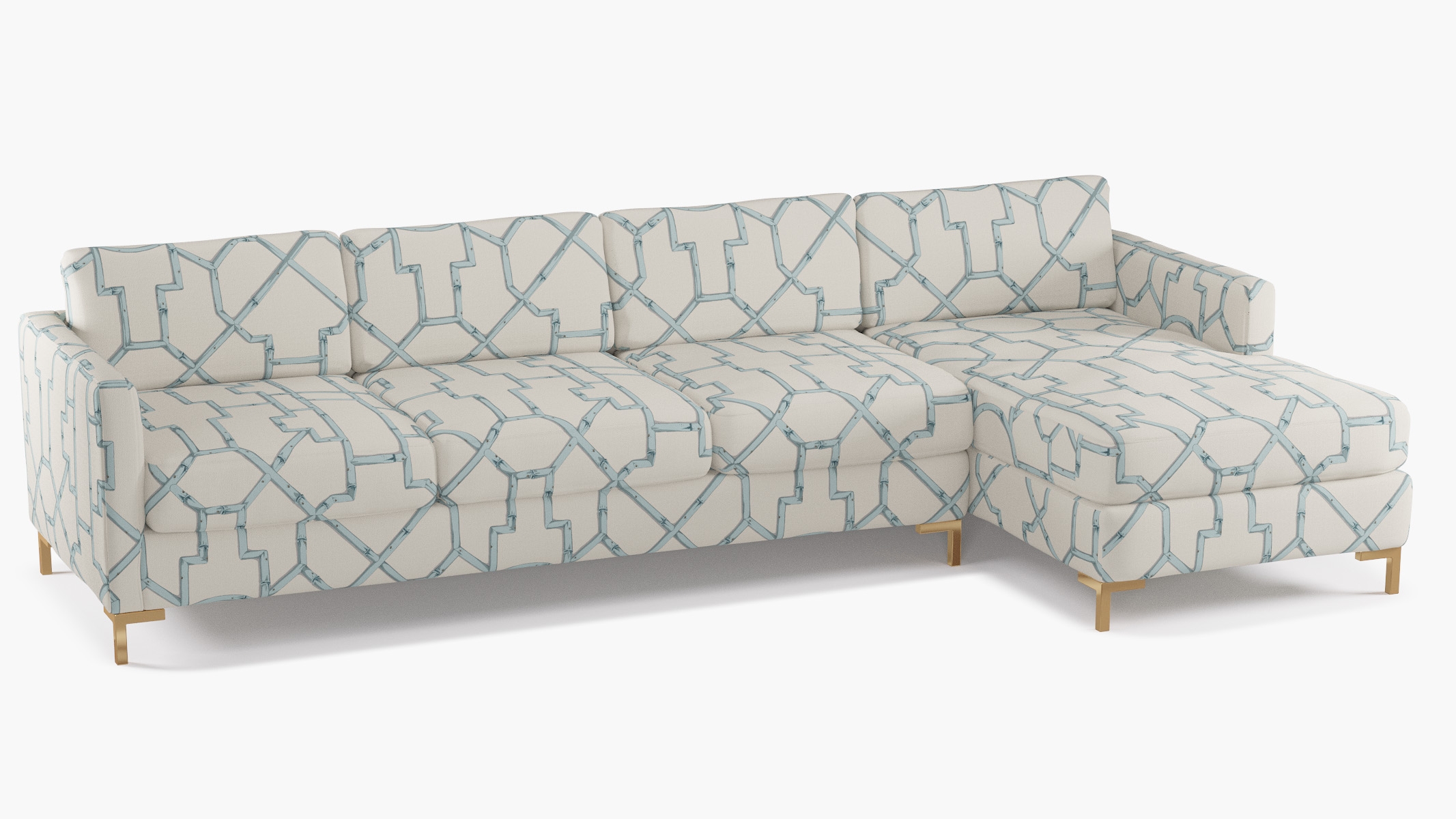 Modern Sectional, Right Facing, Blue Baldwin Bamboo, Brass L Leg - Image 1