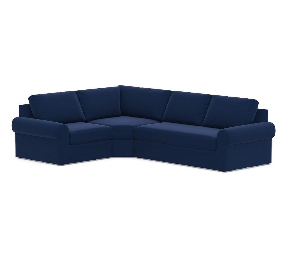 Big Sur Roll Arm Slipcovered Right Arm 3-Piece Wedge Sectional with Bench Cushion, Down Blend Wrapped Cushions, Performance Everydayvelvet(TM) Navy - Image 0