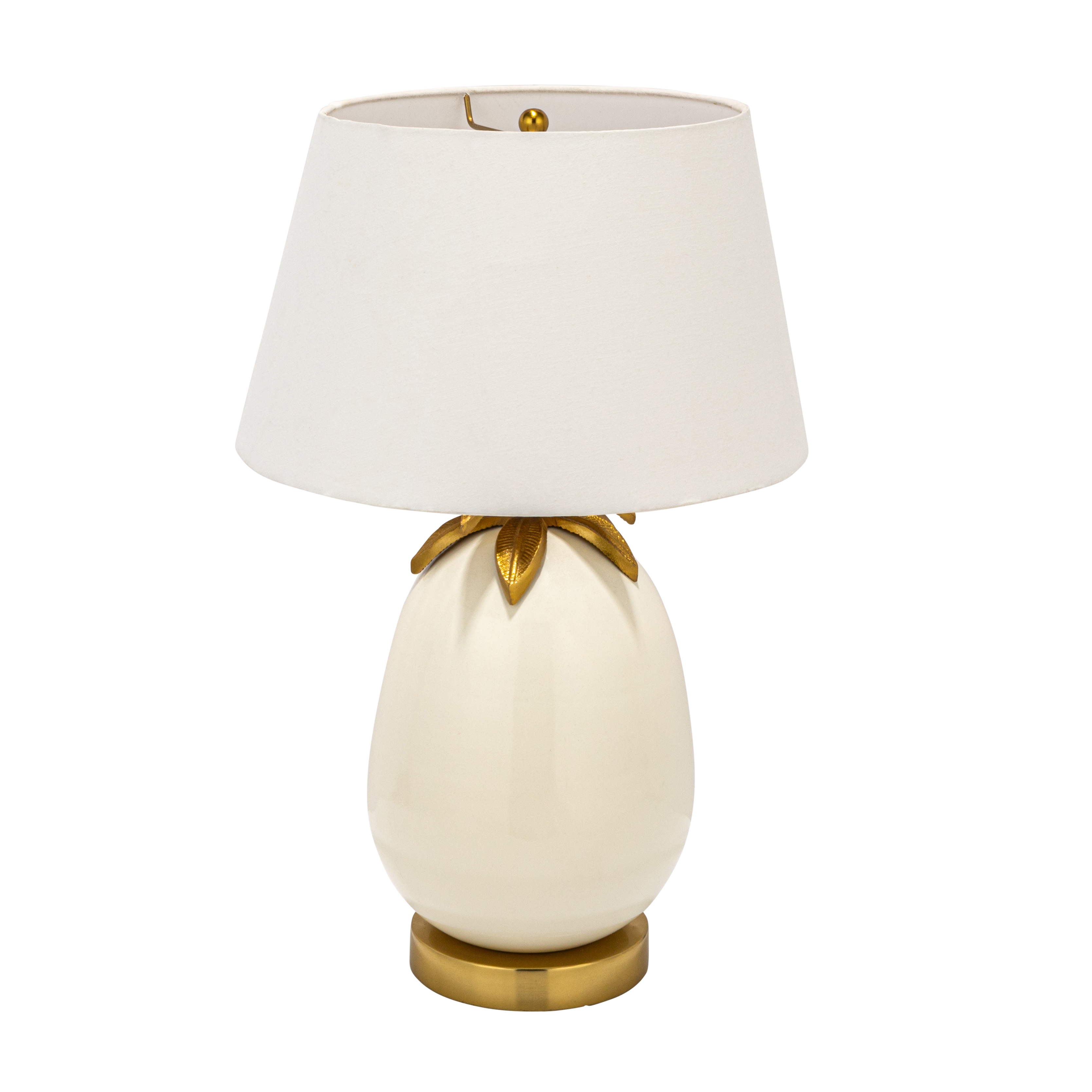 Metal Base Table Lamp with Pineapple Detail and Shade, White and Gold - Image 0