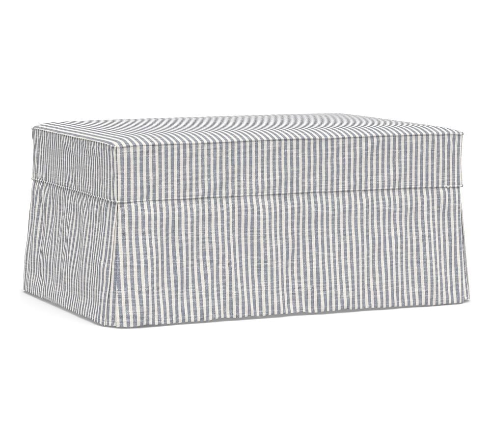 Charleston Slipcovered Ottoman, Polyester Wrapped Cushions, Classic Stripe Blue - Image 0
