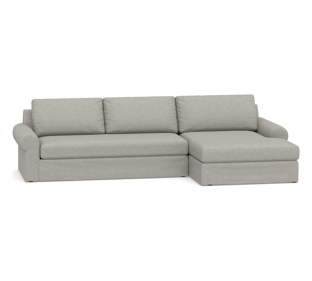 Big Sur Roll Arm Slipcovered Left Arm Sofa with Double Chaise Sectional and Bench Cushion, Down Blend Wrapped Cushions, Premium Performance Basketweave Light Gray - Image 0