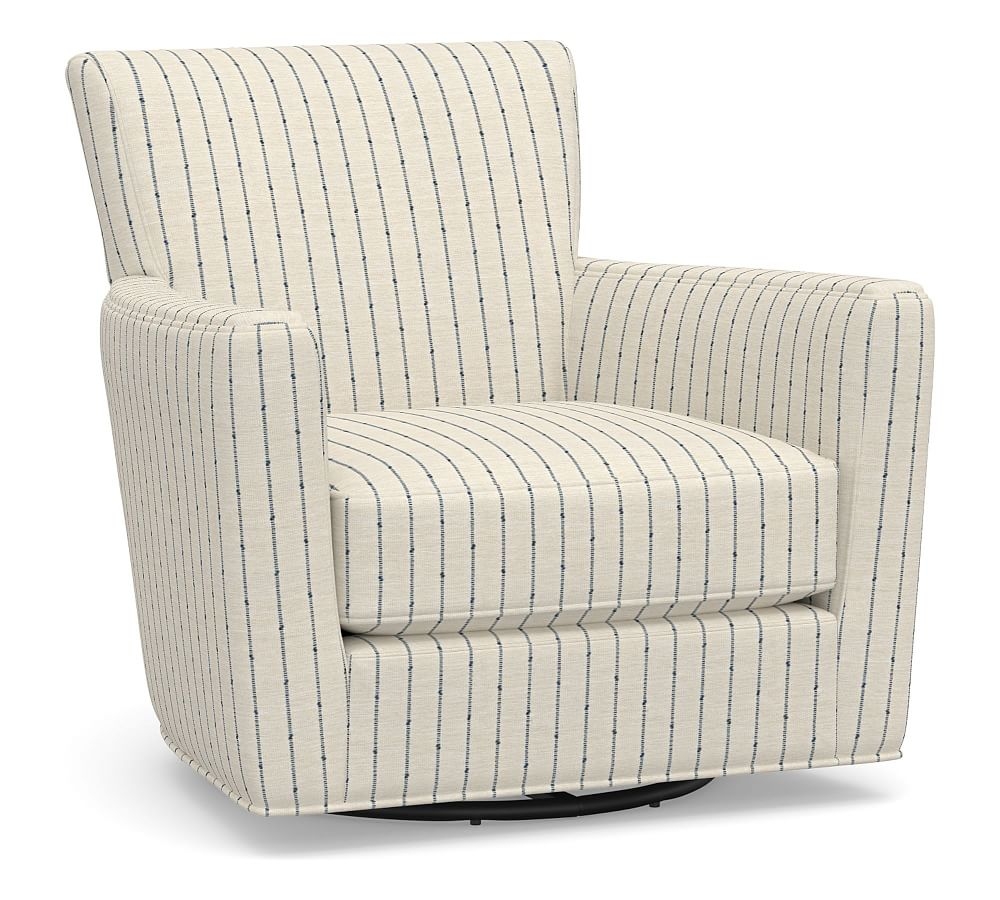 Irving Square Arm Upholstered Swivel Armchair, Polyester Wrapped Cushions, Slubby Pinstripe Blue - Image 0