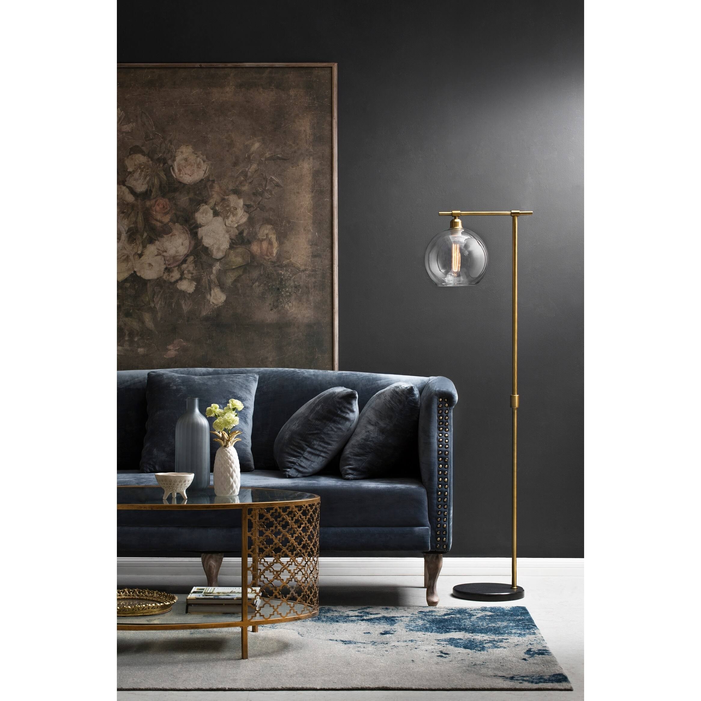 Metal & Wood Floor Lamp with Gold Finish and Glass Globe Shade - Image 2