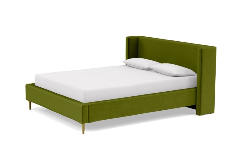 Oliver Queen Bed with Green Moss Fabric, low headboard, and Natural Oak with Antique Cap legs - Image 4