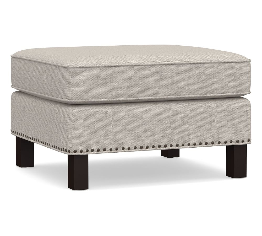 Tyler Upholstered Ottoman with Nailheads, Polyester Wrapped Cushions, Chunky Basketweave Stone - Image 0