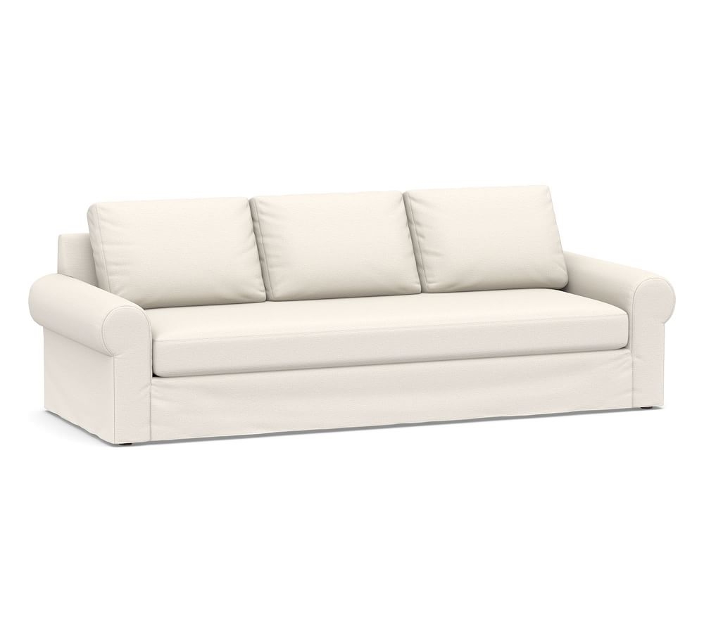 Big Sur Roll Arm Slipcovered Grand Sofa 106" with Bench Cushion, Down Blend Wrapped Cushions, Performance Chateau Basketweave Ivory - Image 0