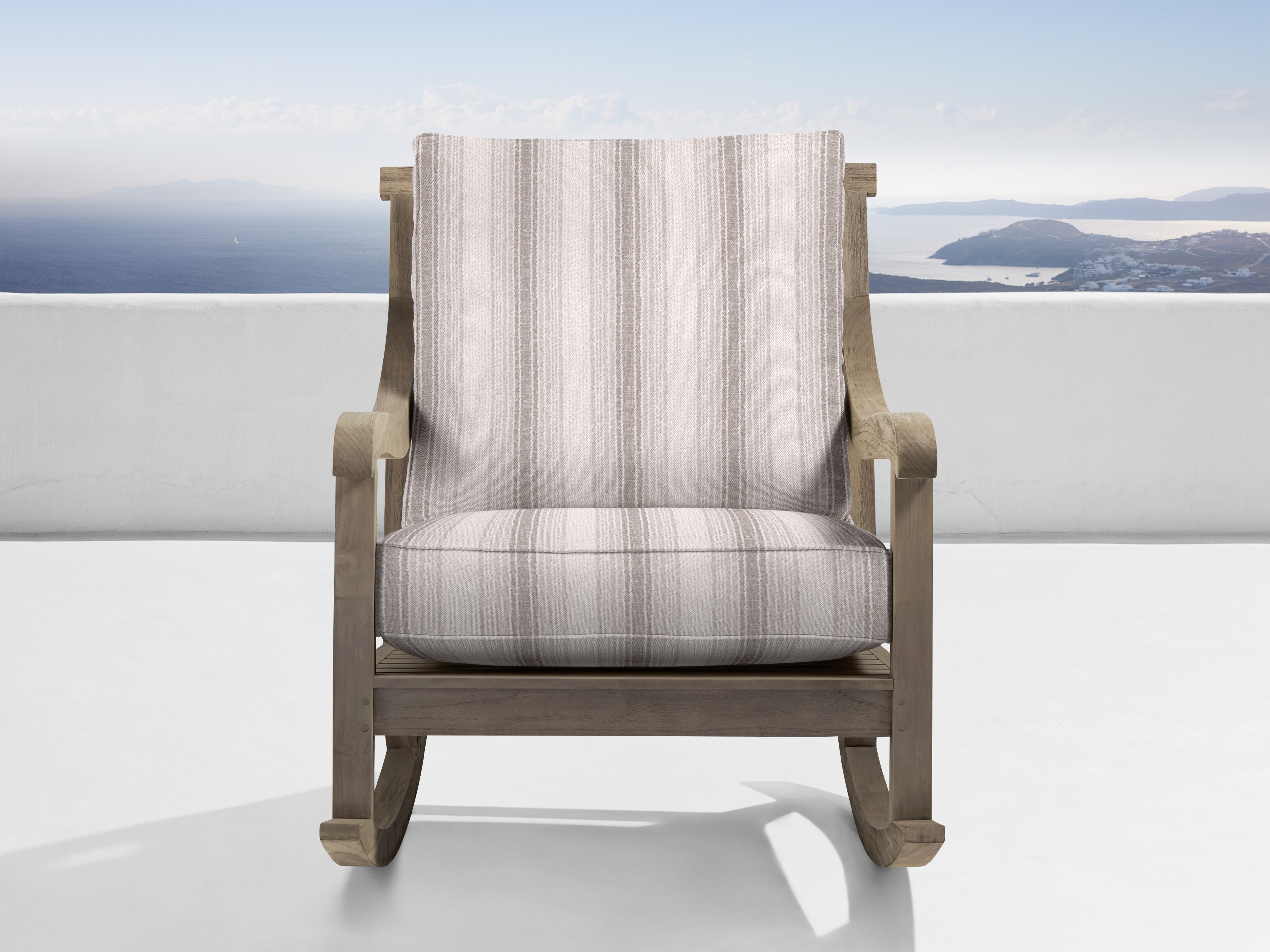 Hamptons Outdoor Rocking Chair in Weathered Fawn All Weather Wicker White  Chelsea Linen - Image 0