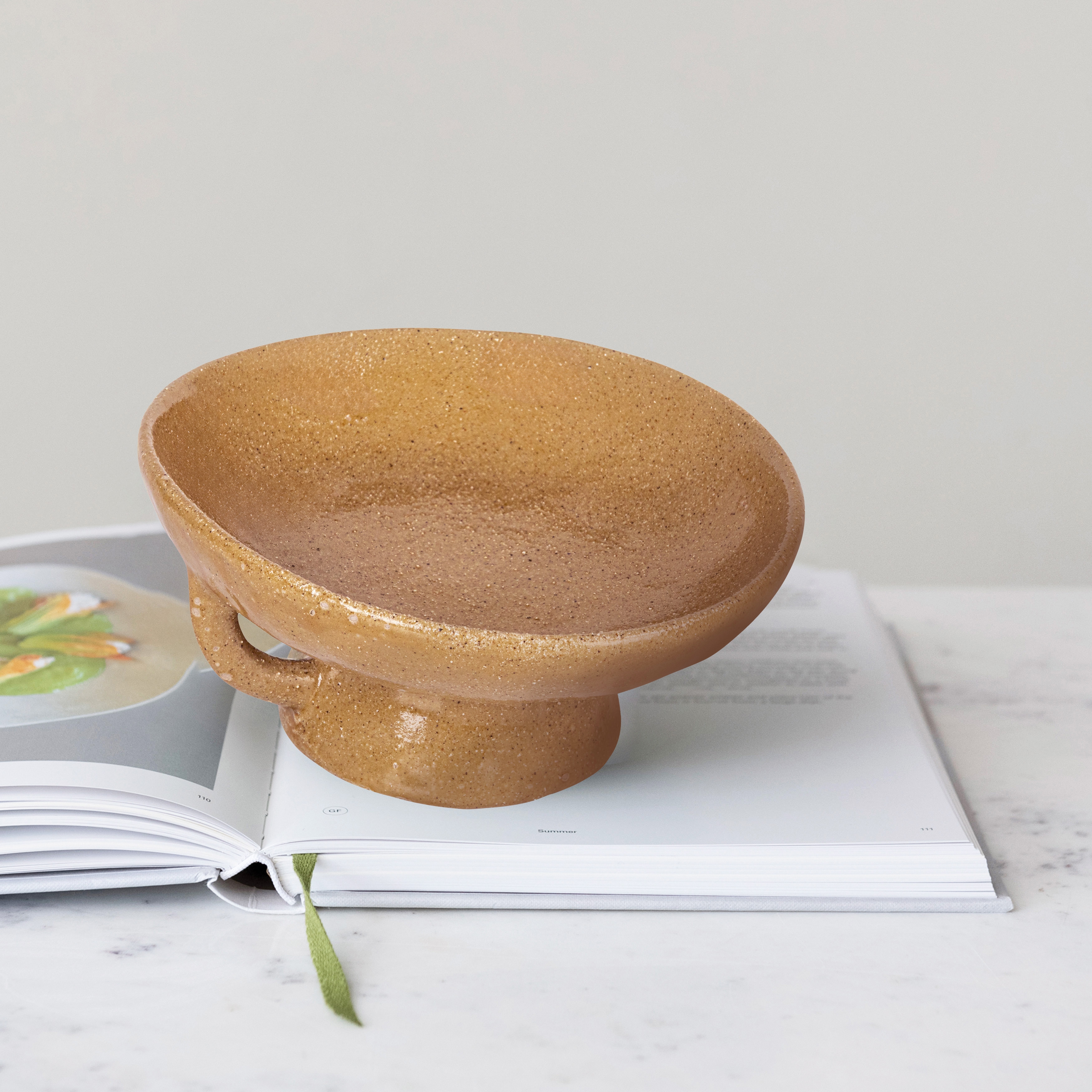 Stoneware Footed Pedestal Bowl with Handles, Reactive Glaze, Taupe - Image 0