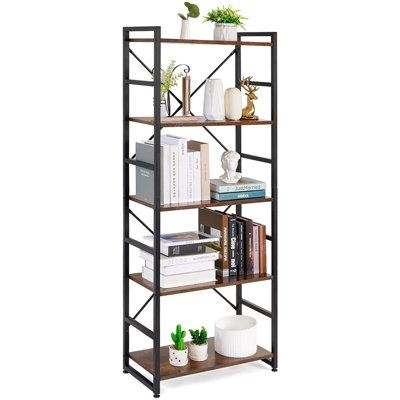 5 Tier Industrial Rustic Wood Bookcase, Modern Standing Metal Frame Book Shelf - Image 0