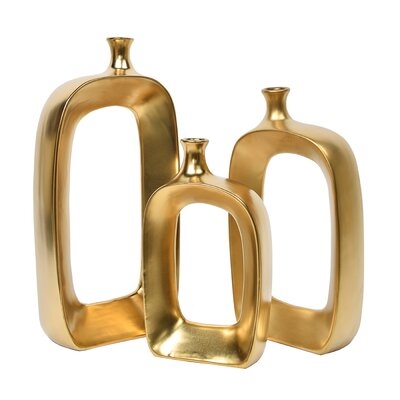 Gilt Open Ceramic Decorative Gold Vases, Set Of 3, Satin Gold - Image 0