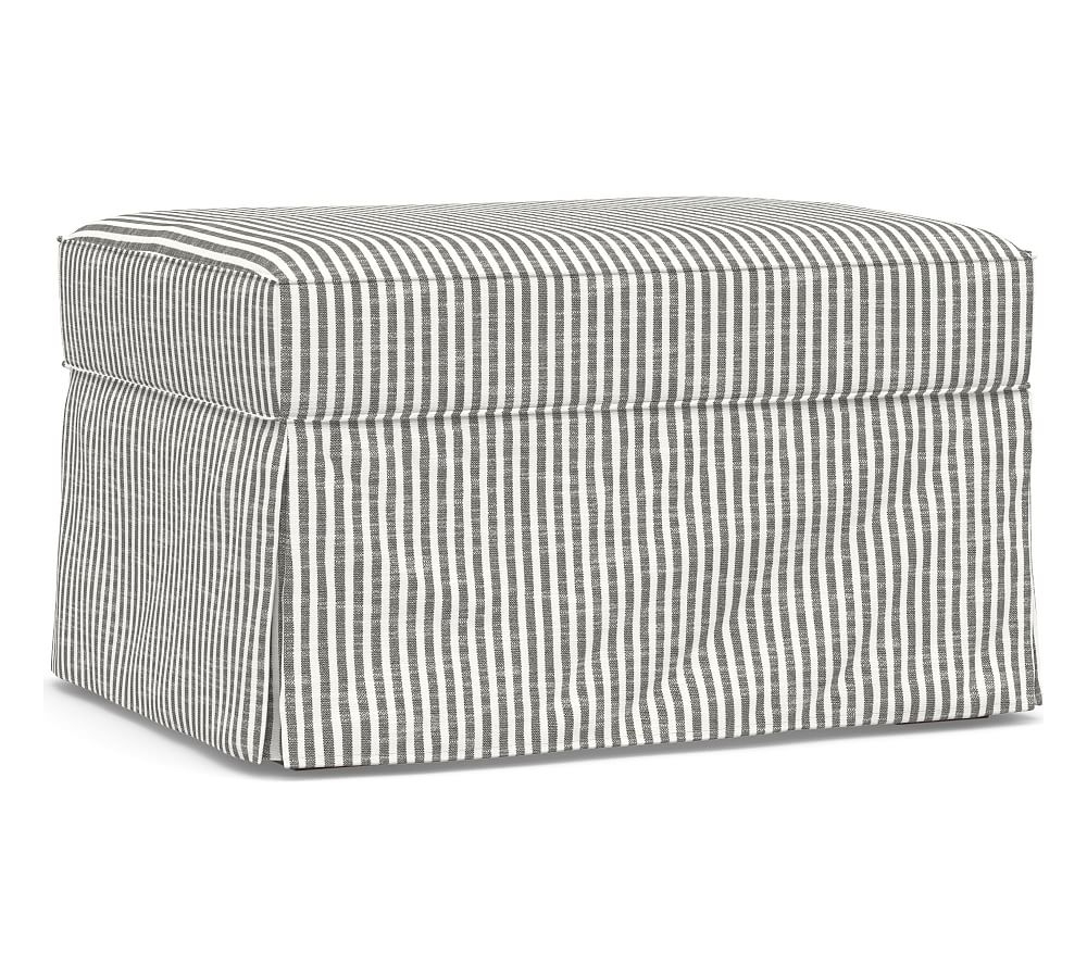 PB English Upholstered Ottoman, Polyester Wrapped Cushions, Classic Stripe Charcoal - Image 0