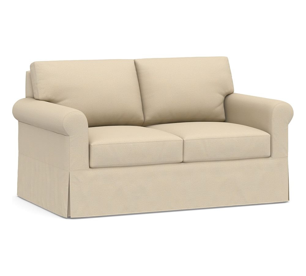 York Roll Arm Slipcovered Loveseat, Down Blend Wrapped Cushions, Park Weave Oatmeal - Image 0